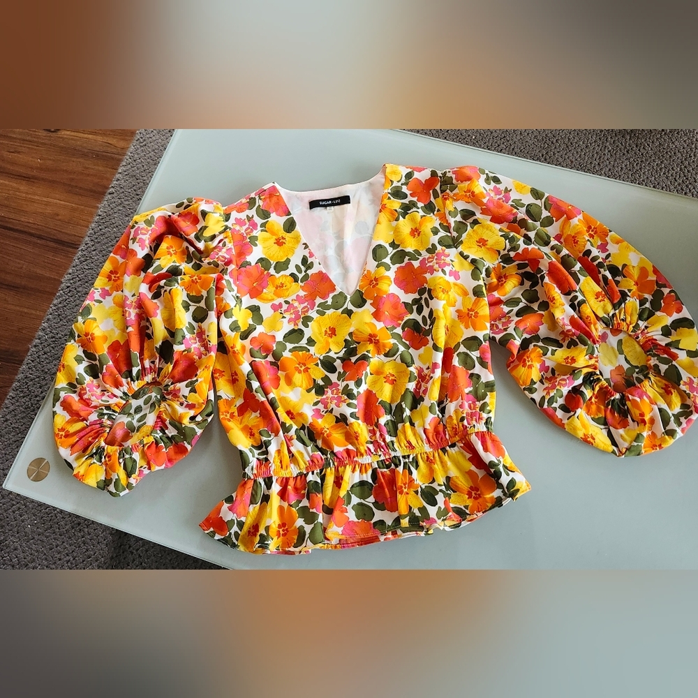 Sugar Lips Boho Hippie Y2K Electric Colors Floral Top Size XS New No Tags - Picture 6 of 12